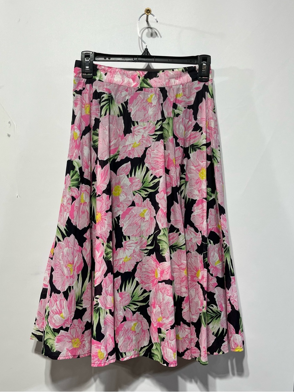 French Connection Black Midi Skirt with Pink Floral Print 100% Cotton Size 4 NWT